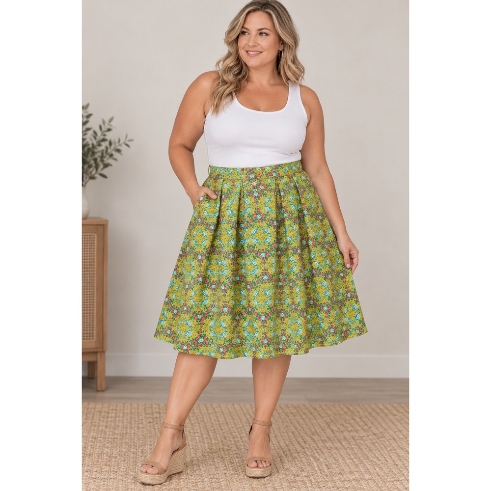 Handmade Green Snail Strawberry Novelty Print A-Line Pleated Skirt Women 18/20
